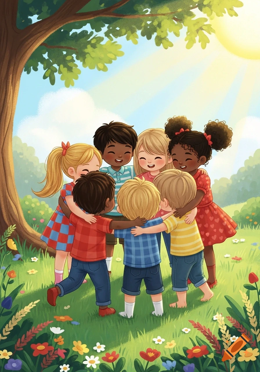 Colorful cartoon illustration of a diverse group of happy children hugging in a sunny, grassy field with trees and flowers.