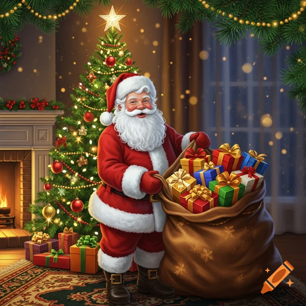 Santa Claus smiles, holding a large sack of gifts, next to a decorated Christmas tree and a fireplace in a festive room.