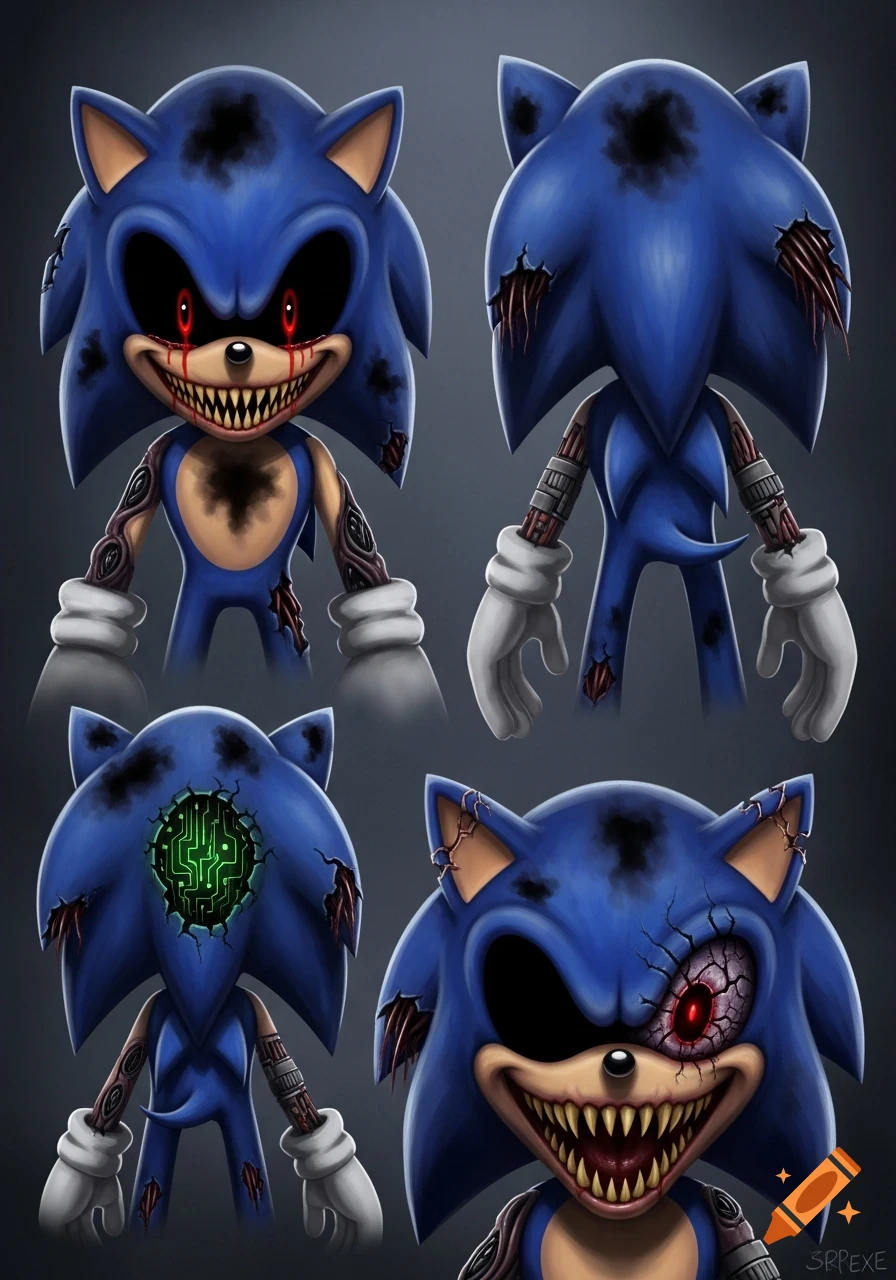 Reference sheet of a grotesque, demonic Sonic the Hedgehog character with exposed mechanics, sharp teeth, and bleeding eyes in multiple views.