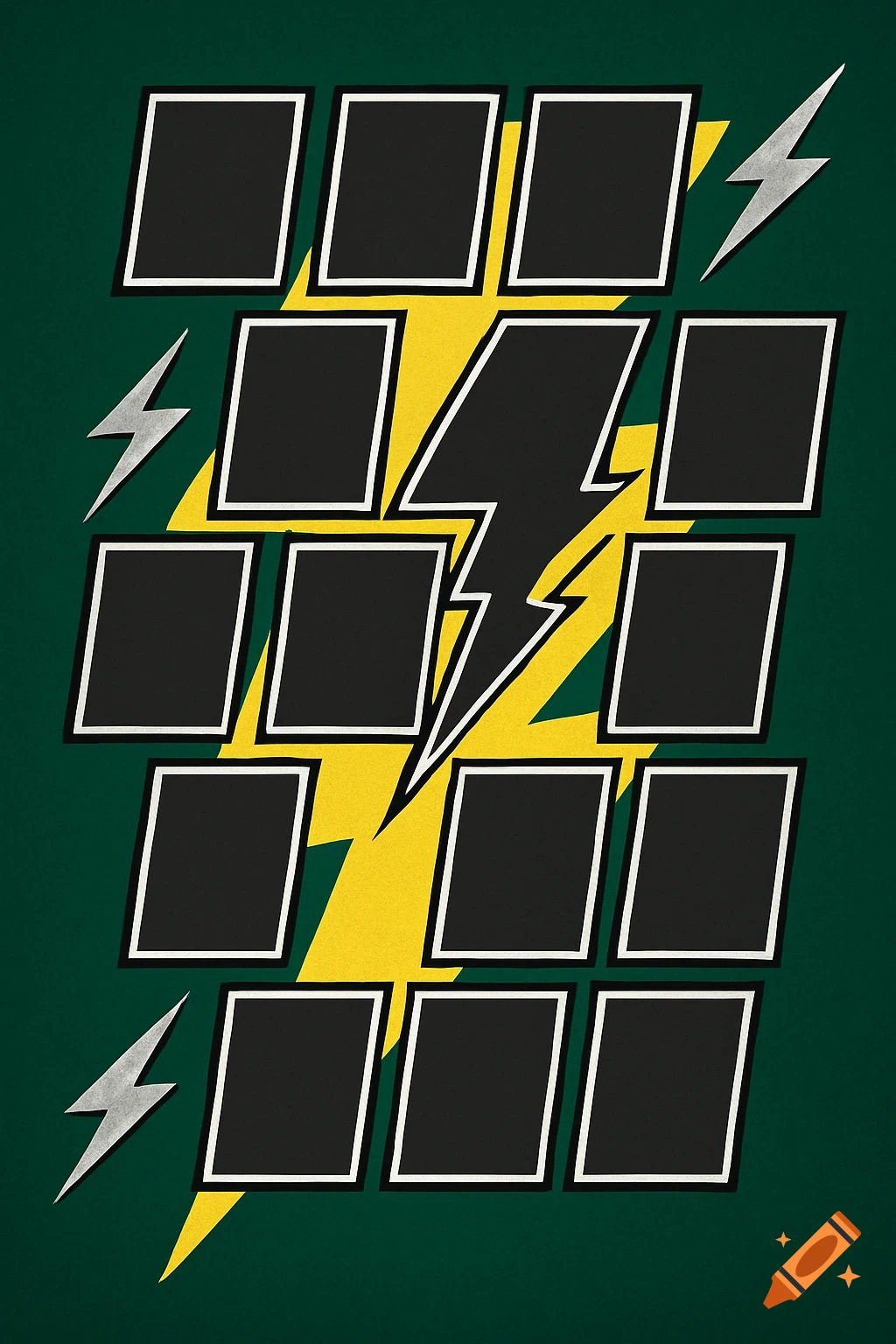 Graphic design of a yellow lightning bolt on a deep green background, surrounded by black photo slots with white borders and silver lightning bolts.