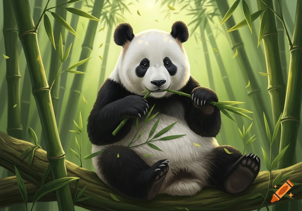 A fluffy panda sits on a tree branch in a vibrant bamboo forest, happily eating bamboo shoots.