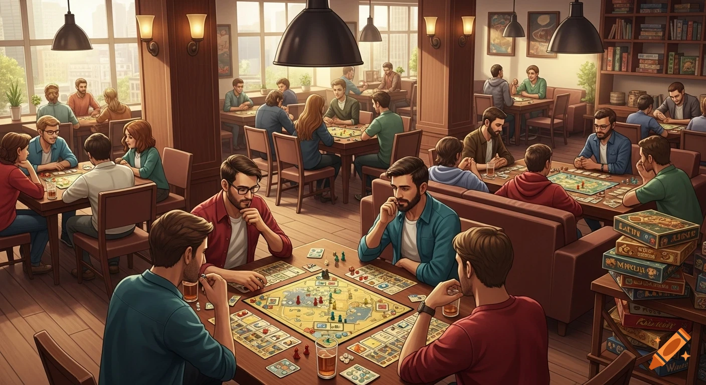 Many people playing board games at wooden tables in a lively, well-lit cafe with large windows and bookshelves filled with games.