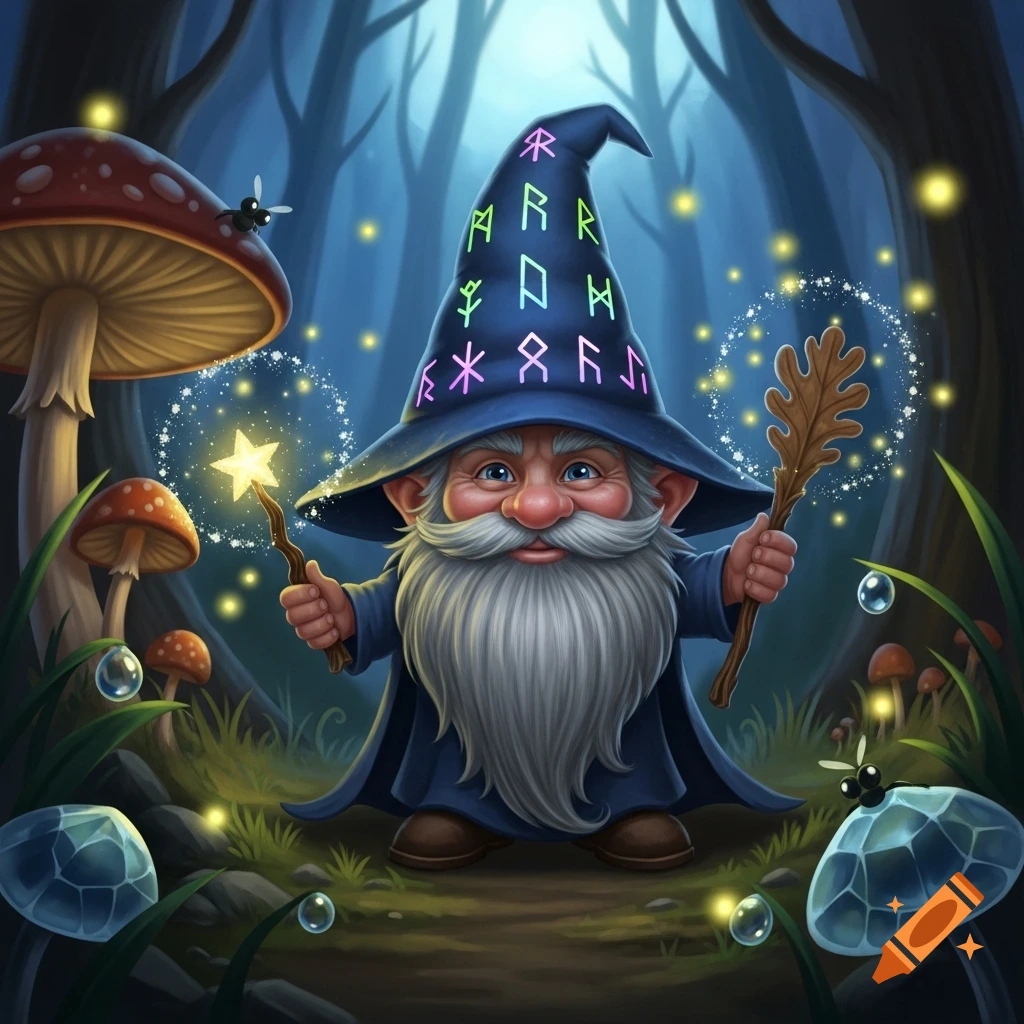 A cheerful wizard gnome with a white beard and blue hat with colorful runes, holding a glowing wand and a stick in a magical forest.