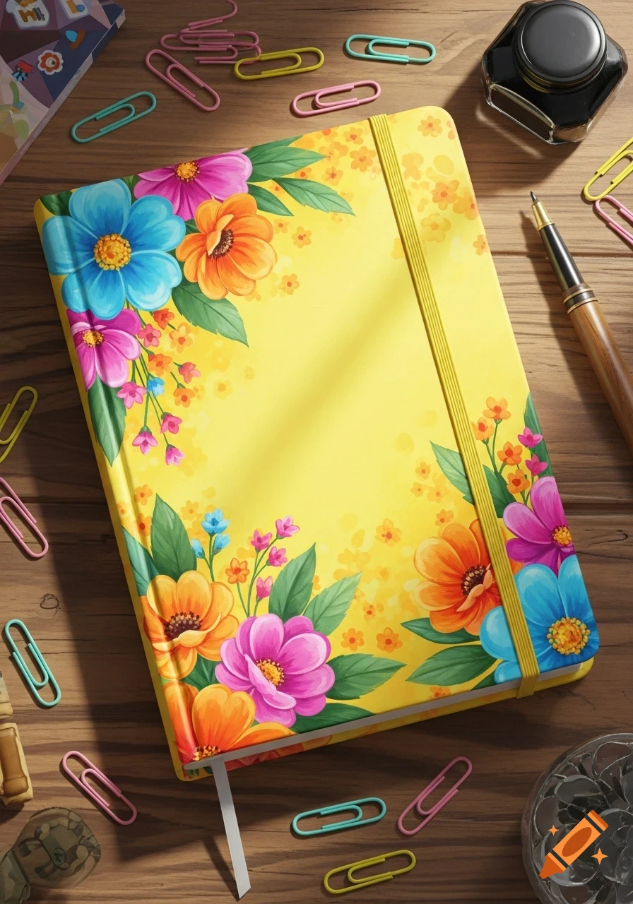 A vibrant yellow journal with colorful floral illustrations on its cover, surrounded by paper clips, an ink bottle, and a pen on a wooden desk.