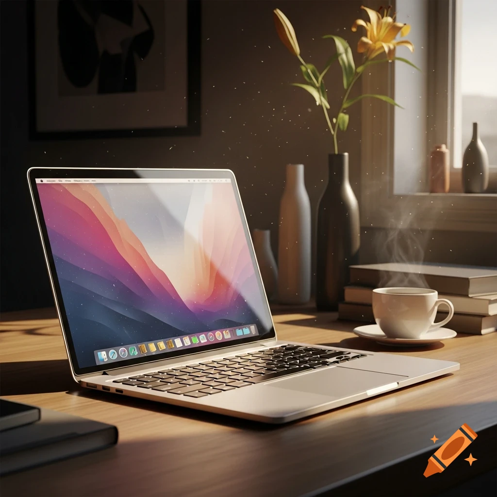 A MacBook Air on a wooden desk with a steamy cup of coffee, books, and flowers by a sunlit window, with dust motes in the air.