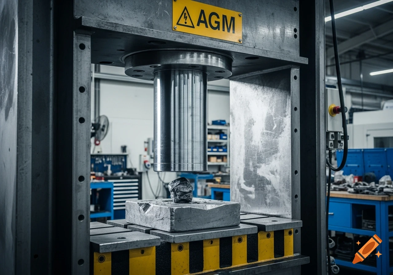 Photorealistic image of a large hydraulic press with a metal ram poised above a rough object on a concrete block in an industrial factory.