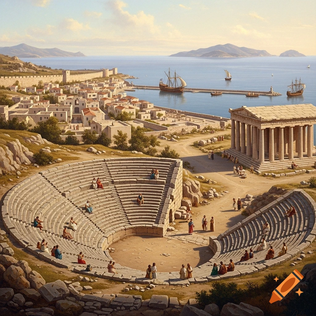 An ancient Greek coastal city with an amphitheater, temple, houses, and harbor with ships, populated by people in ancient attire, in the style of an oil painting.
