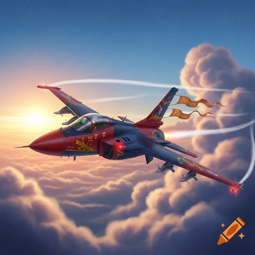 A stylized red and blue fighter jet flies over a cloudy sky at sunset, trailing yellow banners.