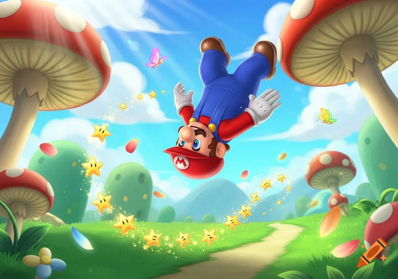 Vibrant cartoon Mario doing a backflip, upside down in a sunny mushroom kingdom with floating stars and petals.