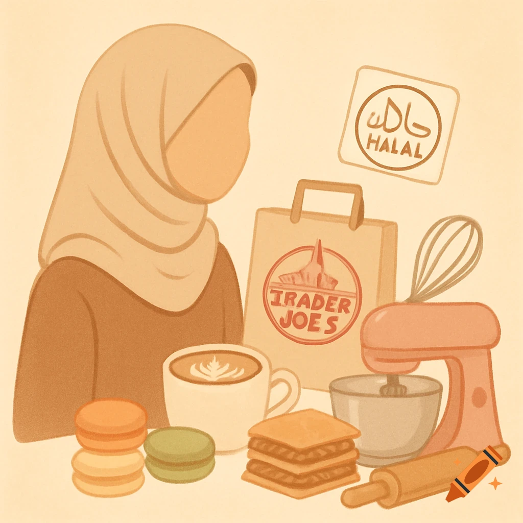 A cozy digital illustration of a hijabi woman with a Trader Joe's bag, coffee, macarons, baklava, and baking tools.