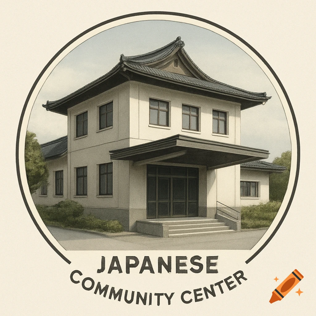 An illustration of a Japanese community center building with a traditional roof, framed in a circular badge, with the text 'JAPANESE COMMUNITY CENTER' below it.