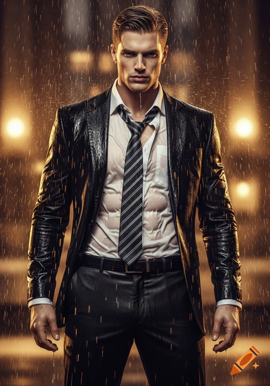 A handsome muscular man in a wet white shirt, black suit, and striped tie stands in the rain with streetlights in the background.