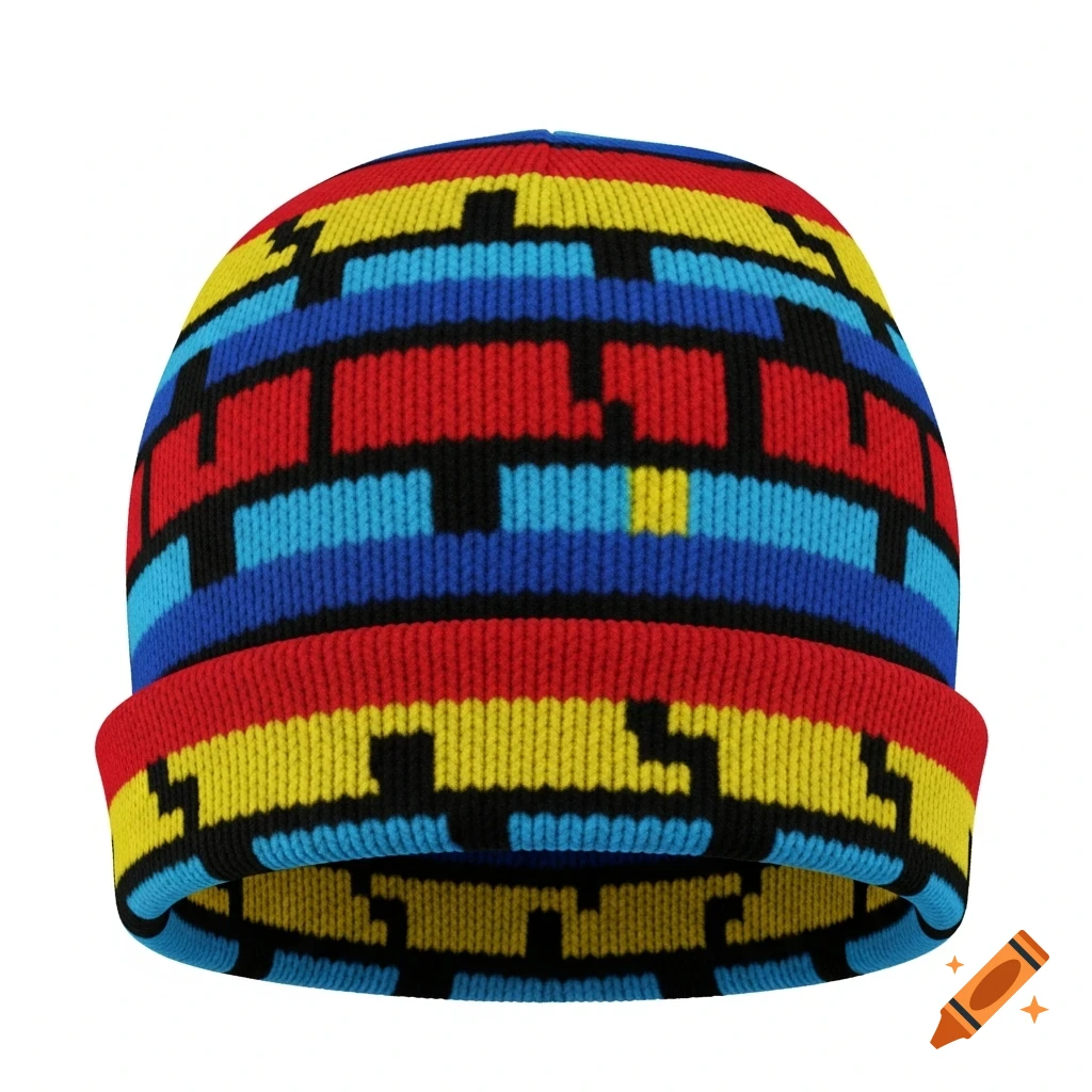A knitted beanie featuring a colorful pixelated pattern in red, blue, yellow, and black, isolated on white.