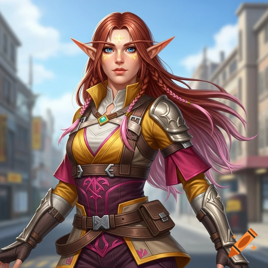 A half-elf woman with long red and pink hair, blue eyes, and pointed ears, wearing ornate fantasy armor in an urban setting.