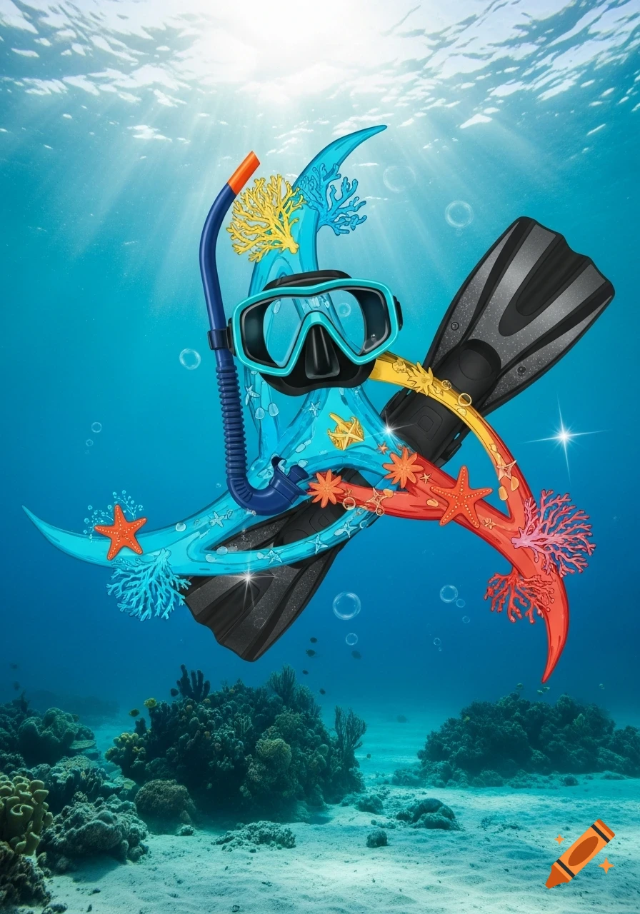A stylized Trinacria symbol, adorned with coral, starfish, scuba mask, snorkel, and fins, floats underwater above a coral reef with light rays.