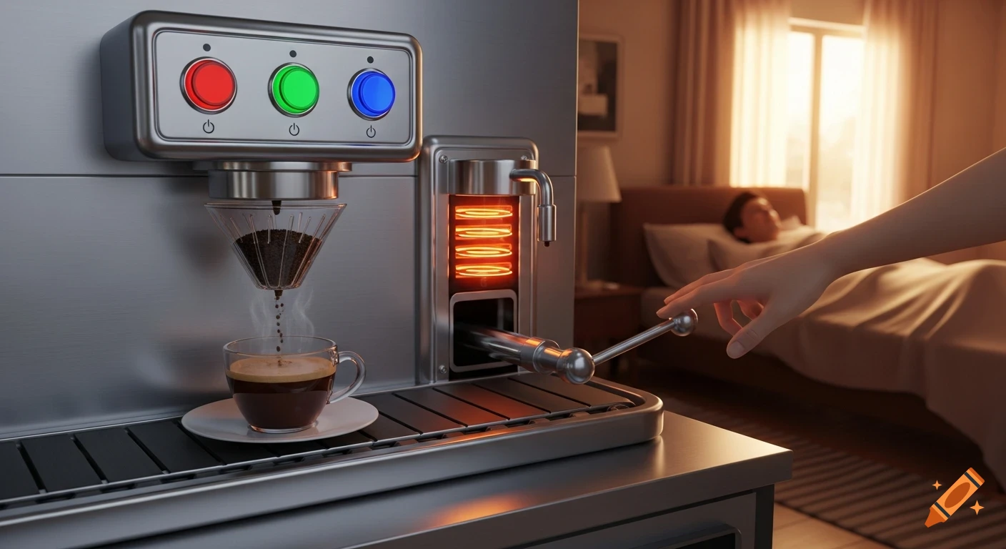 A futuristic stainless steel coffee machine makes a cup of coffee. A hand from a person in bed operates a lever connected to a conveyor belt.