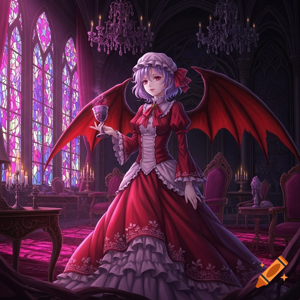 Anime vampire girl in a red dress and red wings holds a goblet in a gothic room with stained glass windows.