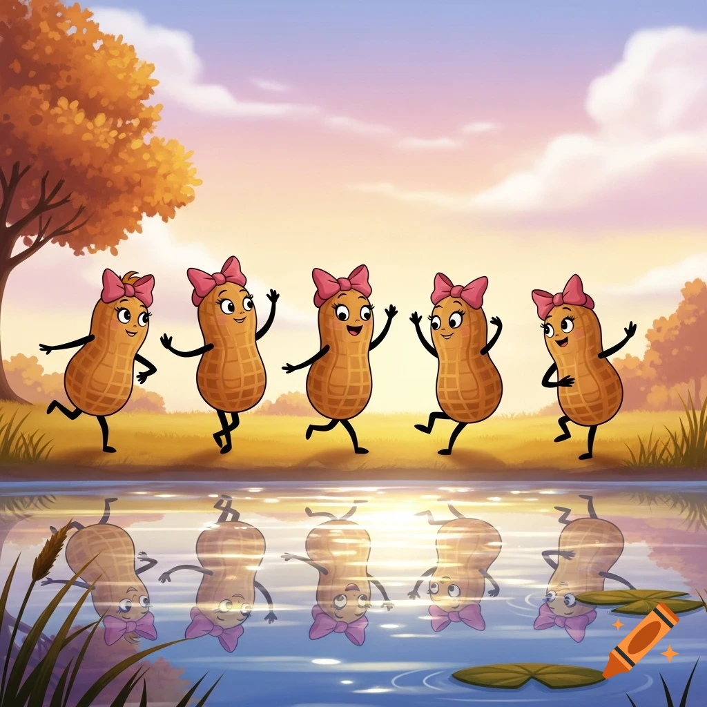 Five cartoon peanuts with pink bows dance joyfully by a calm body of water reflecting the sunset, with an autumn tree in the background.