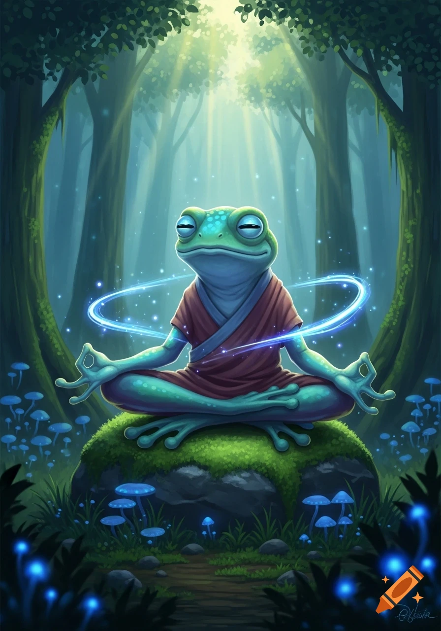 A stylized green frog in a red monk's robe meditates on a mossy rock in a mystical forest with glowing blue mushrooms and sun rays.