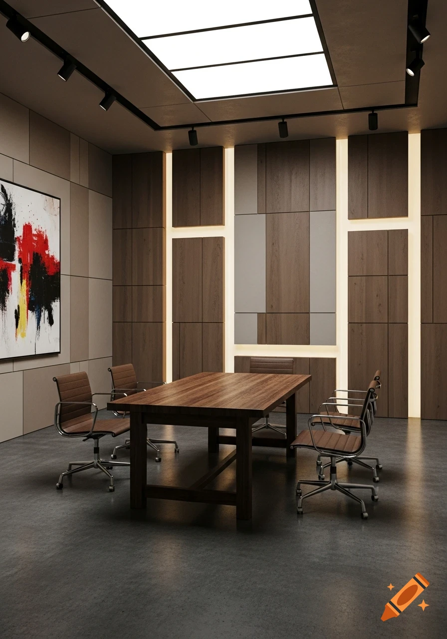 Modern meeting room with a large wooden table, brown leather chairs, paneled walls with vertical lights, and an abstract painting.