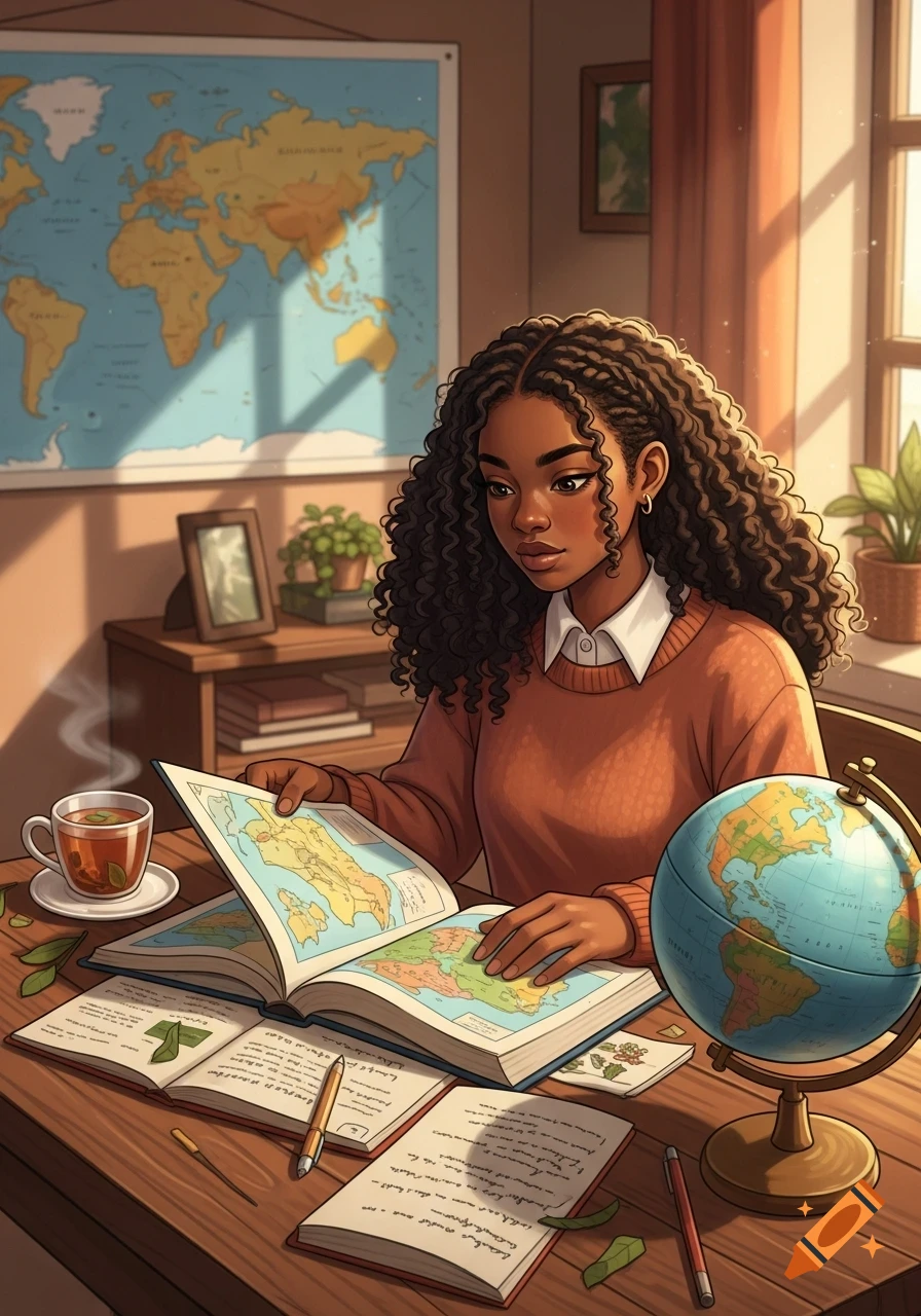 An illustrated image of a young Black woman with curly hair studying geography at a wooden desk, surrounded by books, a globe, and a steaming cup of tea. A world map hangs on the wall behind her.