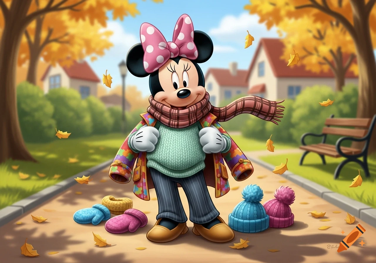 Minnie Mouse in a colorful coat, teal sweater, and plaid scarf smiles on an autumn park path with falling golden leaves.