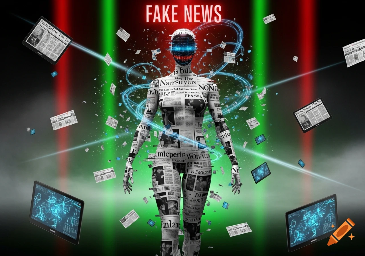 A futuristic figure made of newspaper clippings stands against a red and green background, with "FAKE NEWS" in bold text above its head. Blue data streams and floating newspaper pages surround it, along with digital tablets displaying circuit patterns.