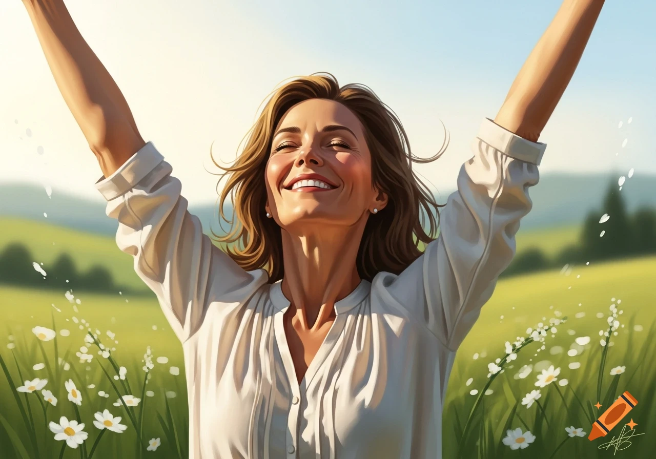 A smiling woman with arms raised high in a sunny field of white flowers, expressing joy.