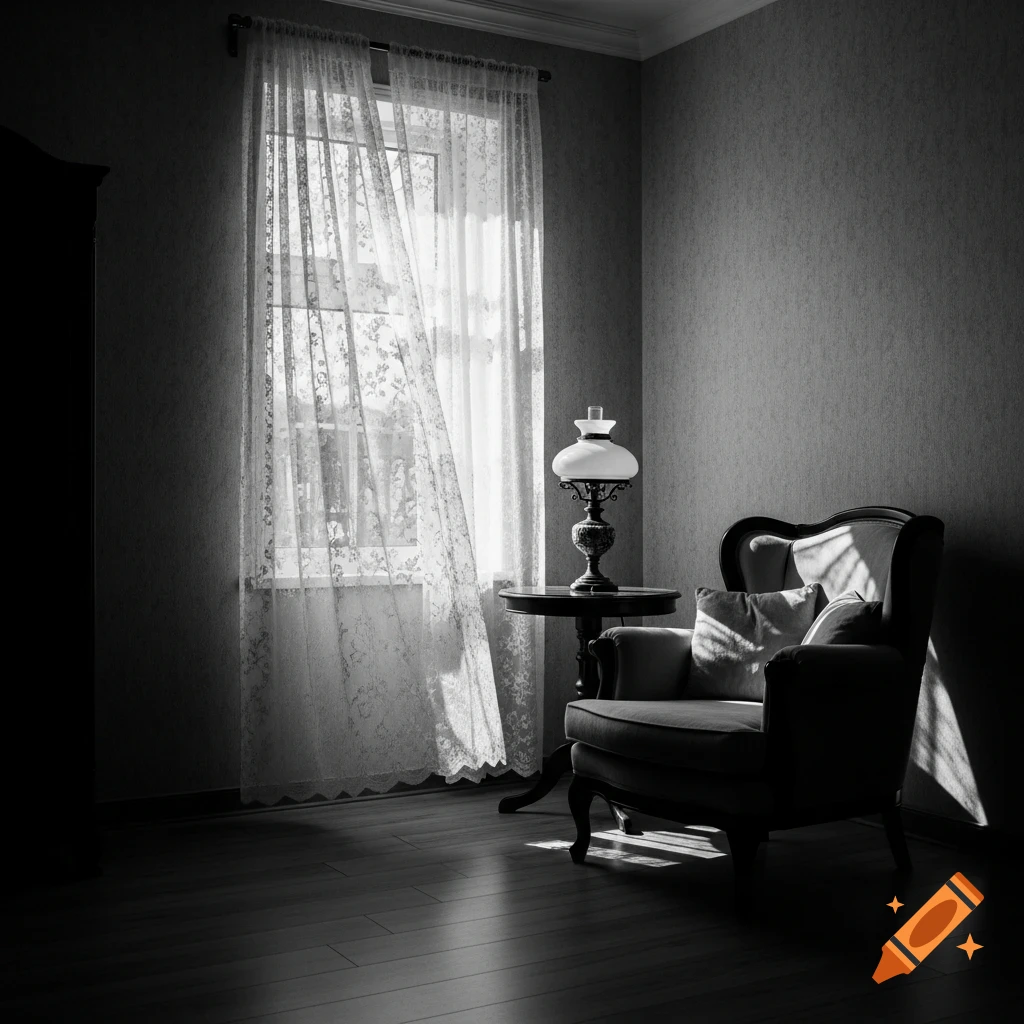 Black and white photo of an empty, dimly lit room with sunlight shining through lace curtains onto an armchair.