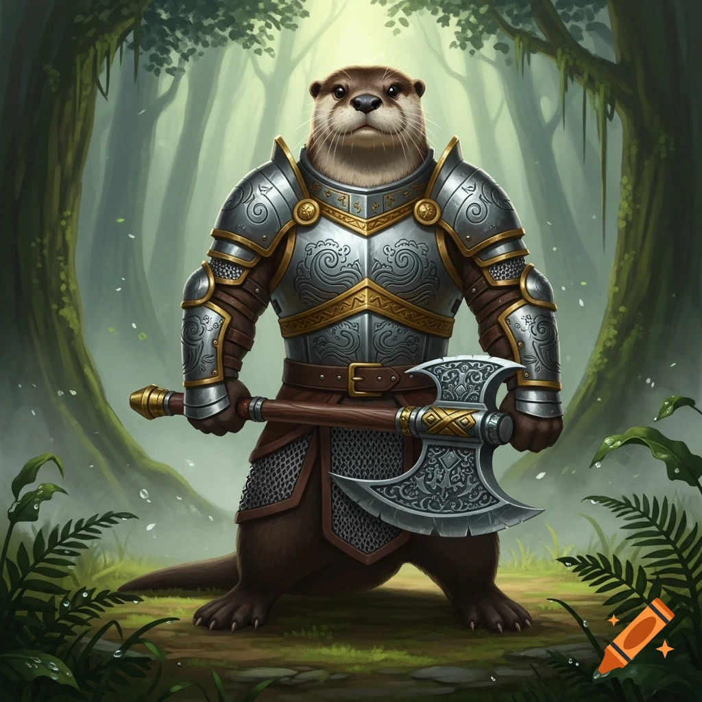 A buff otter wearing detailed silver and gold armor holds a large axe, standing in a lush green fantasy forest.