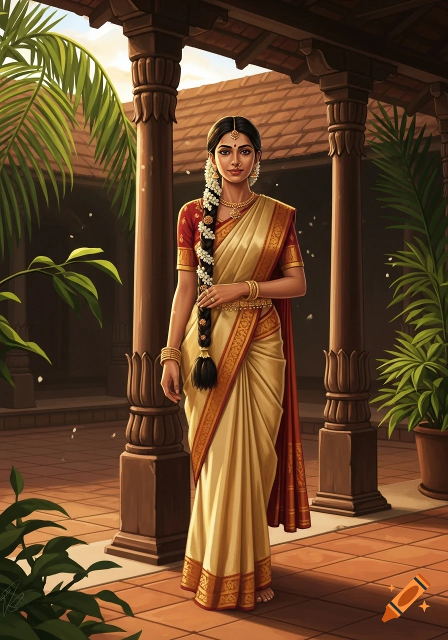 A South Indian woman in a gold and red saree, gold jewelry, and flower-adorned braid stands in a traditional courtyard.