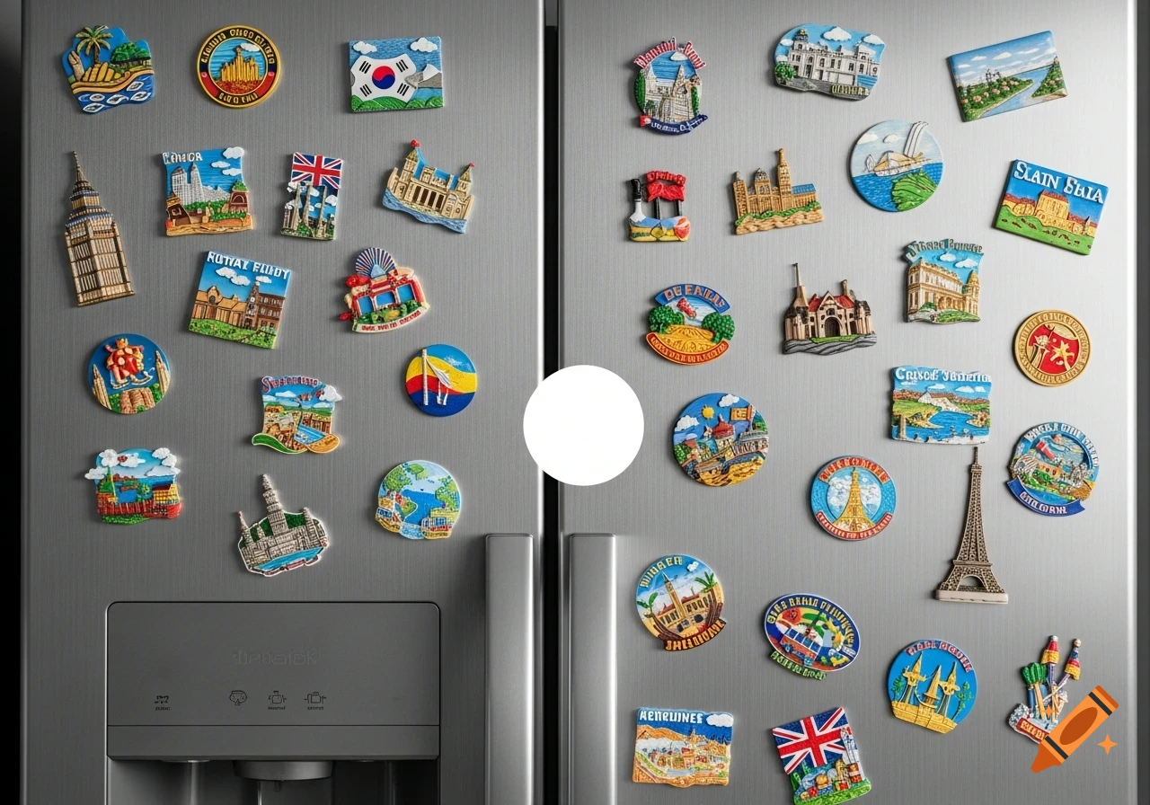 A close-up, photorealistic image of a stainless steel refrigerator covered with numerous colorful souvenir magnets from various countries, with a blank space in the center.