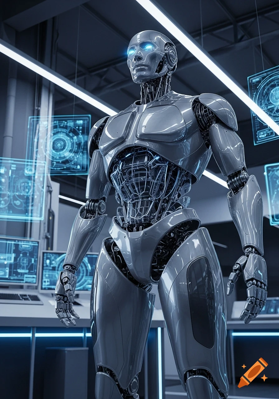 Sleek silver humanoid robot with glowing blue eyes in a futuristic lab ...
