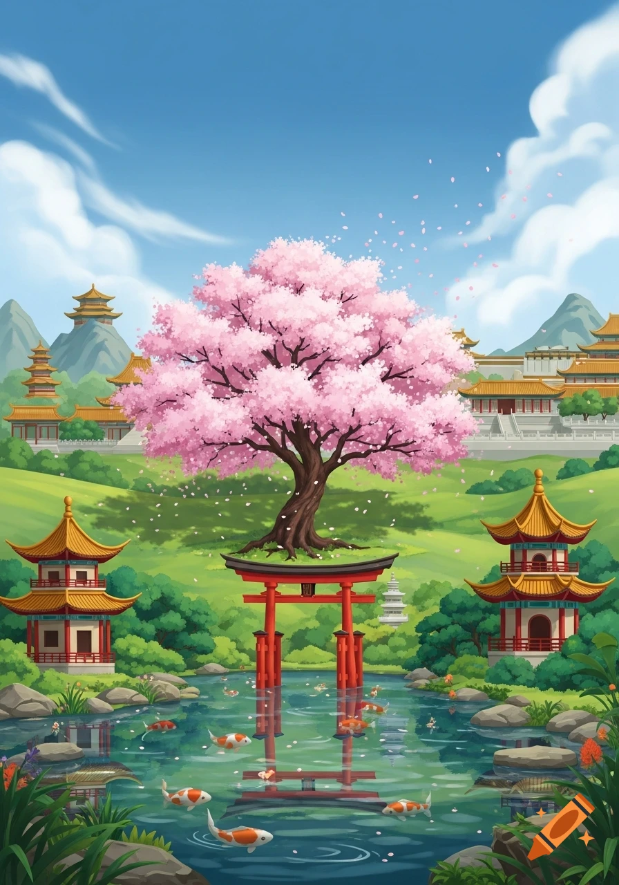 Vibrant East Asian landscape with a pink cherry blossom tree, red torii gate over a koi pond, traditional temples, and mountains under a blue sky.