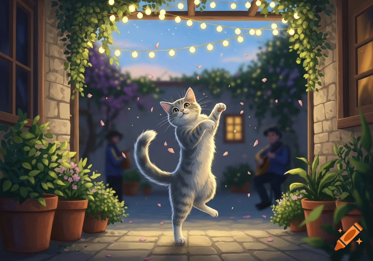A happy grey tabby cat stands on two legs, dancing in a whimsical courtyard with string lights and falling pink petals, in a vibrant illustration style.
