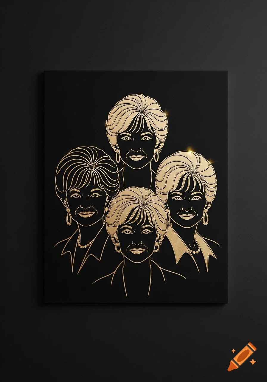 Minimalist golden line art portraits of four women resembling the Golden Girls against a black background.