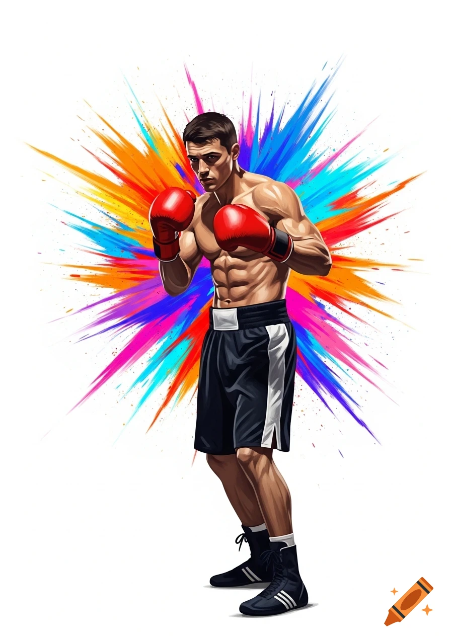 Stylized illustration of a muscular male boxer in red gloves, standing in a fighting stance against an explosive, colorful background.