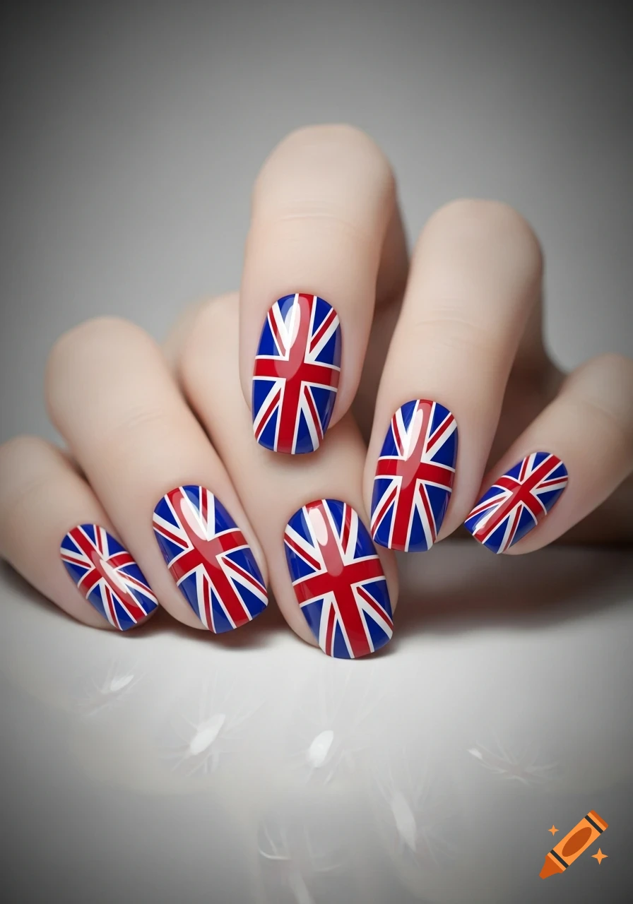 Close-up of a hand with nails painted with the red, white, and blue Union Jack flag design.