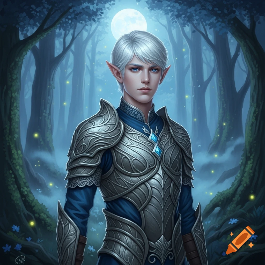 An elf boy with white hair and blue eyes, wearing silver armor with blue accents, stands in a mystical forest under a full moon.