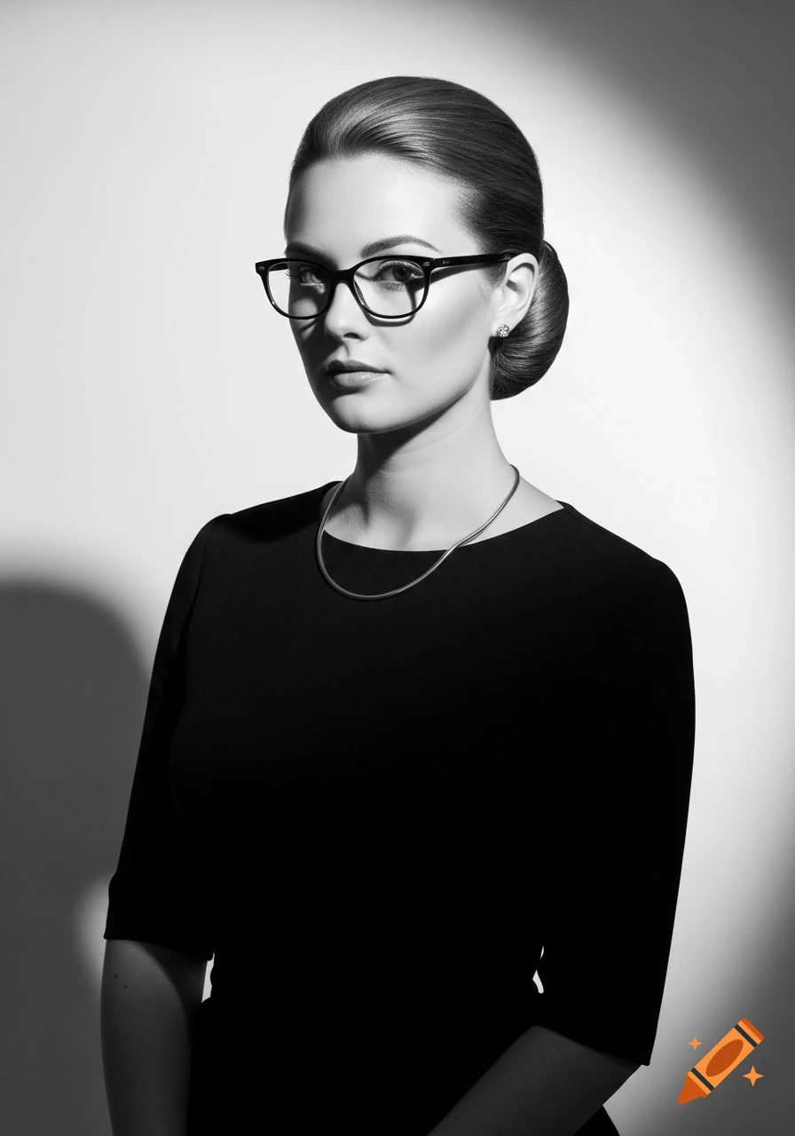 Black and white studio portrait of a woman with her hair in a bun, wearing glasses, a black dress, and a necklace.