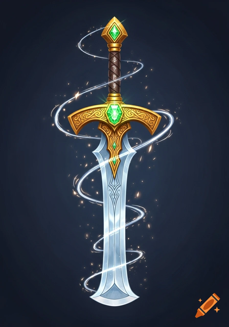 A vibrant dnd fantasy cartoon sword with a golden hilt, mythril blade, and green emeralds, surrounded by glowing wisps.