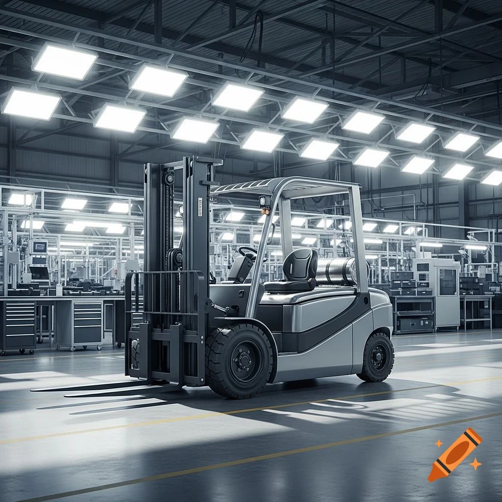 A photorealistic grey forklift with black accents in a well-lit, modern factory assembly hall.