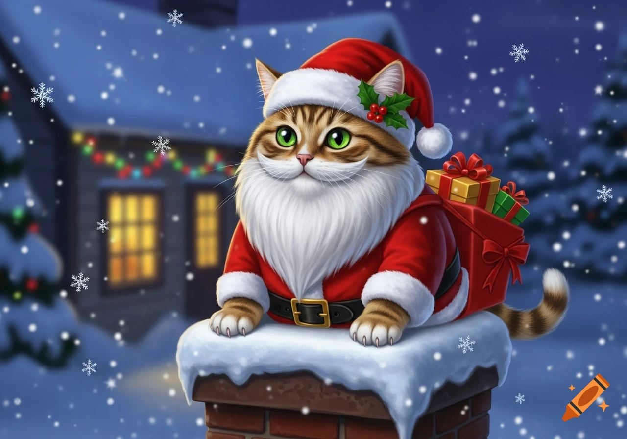 A cute, cartoon tabby cat dressed as Santa Claus sits on a snowy chimney at night with falling snow and a house in the background.