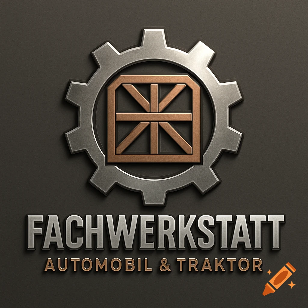 3D logo featuring a silver gear and a bronze timber-frame pattern, with the words "FACHWERKSTATT AUTOMOBIL & TRAKTOR".