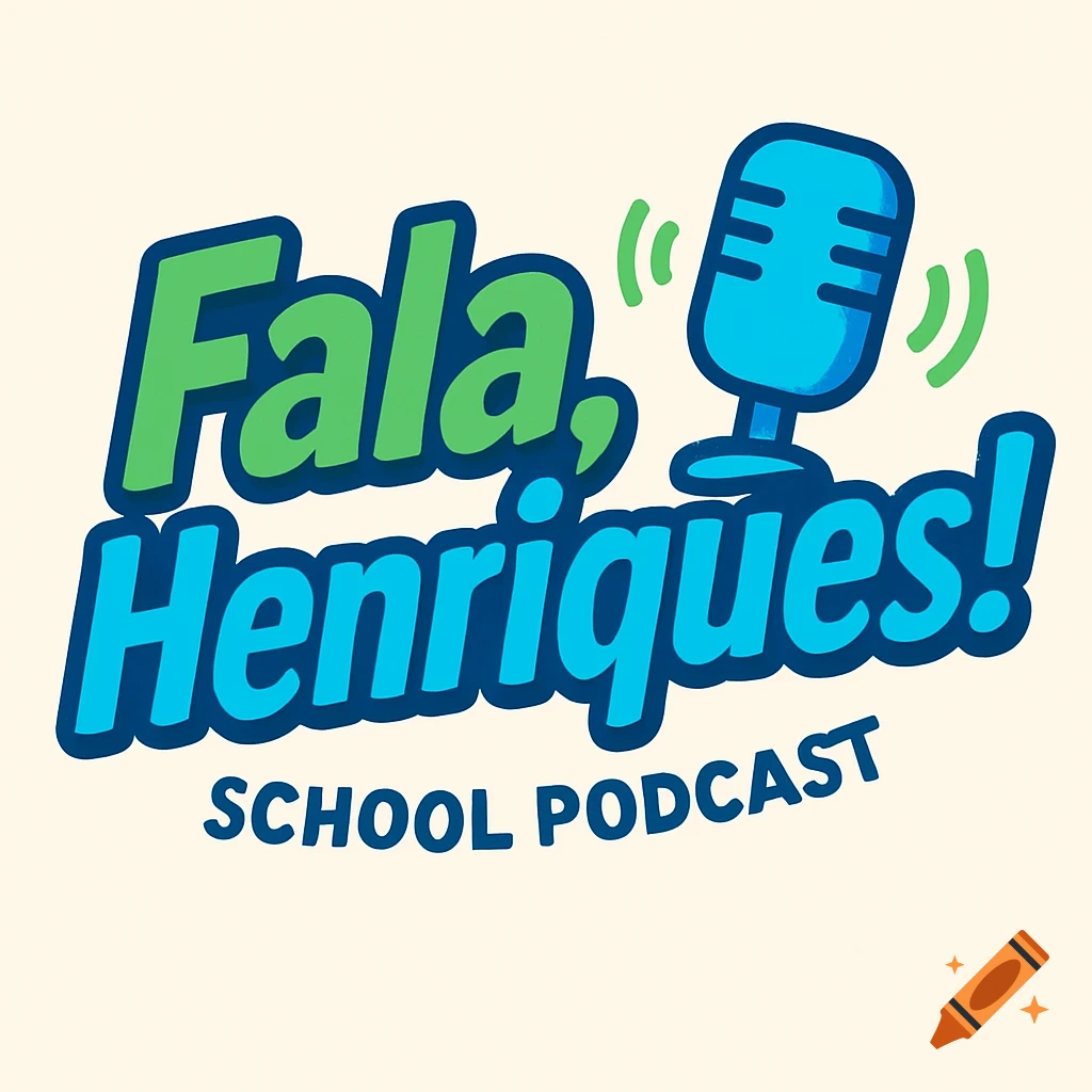 Logo for a school podcast 'Fala, Henriques!' featuring a blue microphone icon with green sound waves on a cream background.