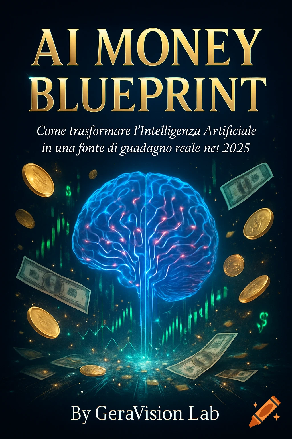 Futuristic ebook cover with a glowing AI brain, floating gold coins, dollar bills, and financial graphs on a dark background. Title: AI MONEY BLUEPRINT.