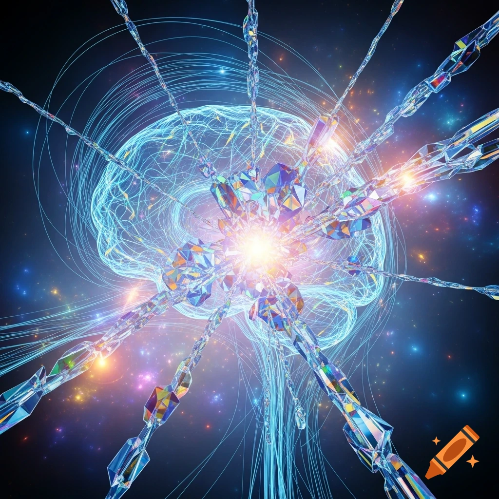 An abstract, glowing blue brain-like structure made of interwoven lines, with bright crystal forms radiating outwards against a starry background.