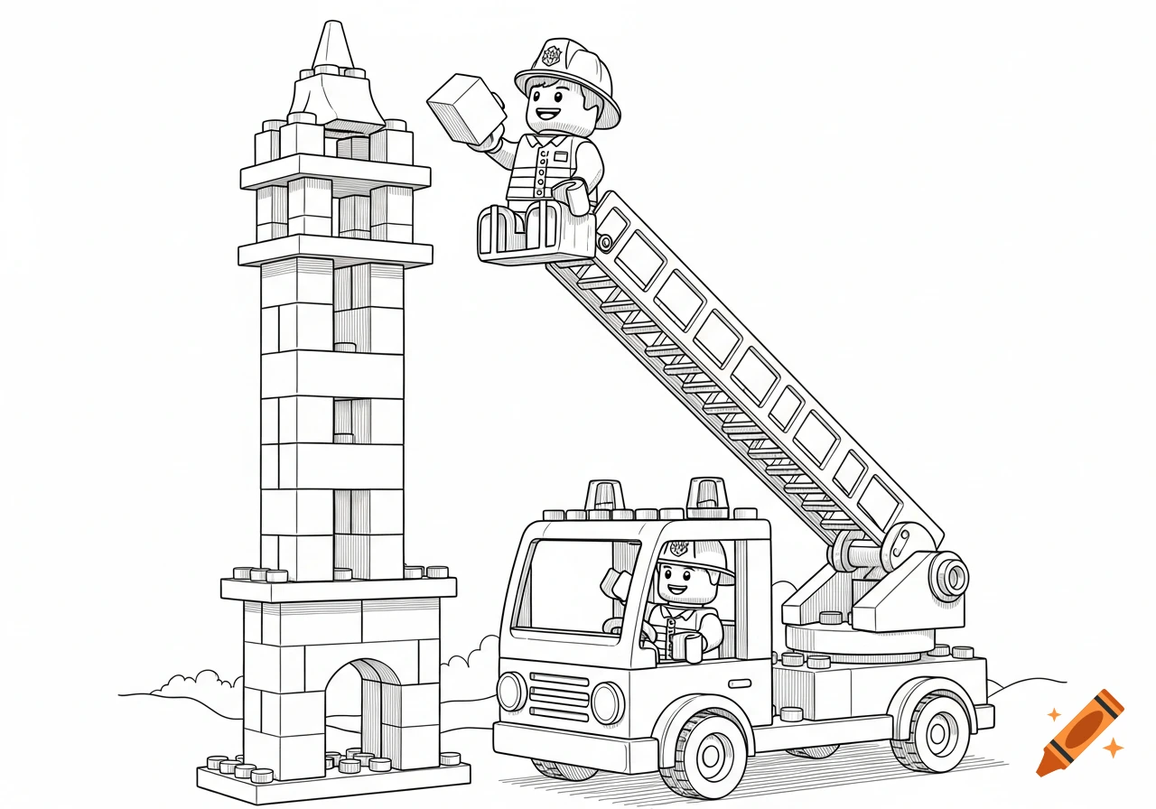 Black and white line drawing of Lego figures: one firefighter on a fire truck ladder holding a block next to a tall tower, another firefighter drives the truck.