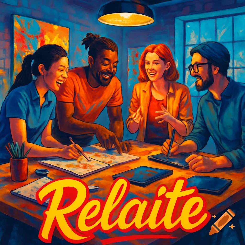 Four diverse artists collaborating and drawing at a table in a vibrant, stylized illustration with 'Relaite' text.
