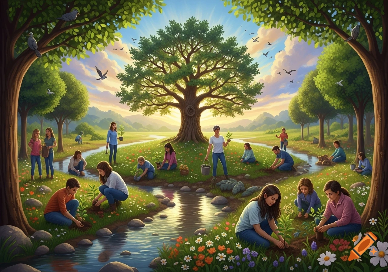 A vibrant illustration shows many people of varying ages planting trees and flowers along a winding stream in a lush, green landscape with a large oak tree and a sunny sky.